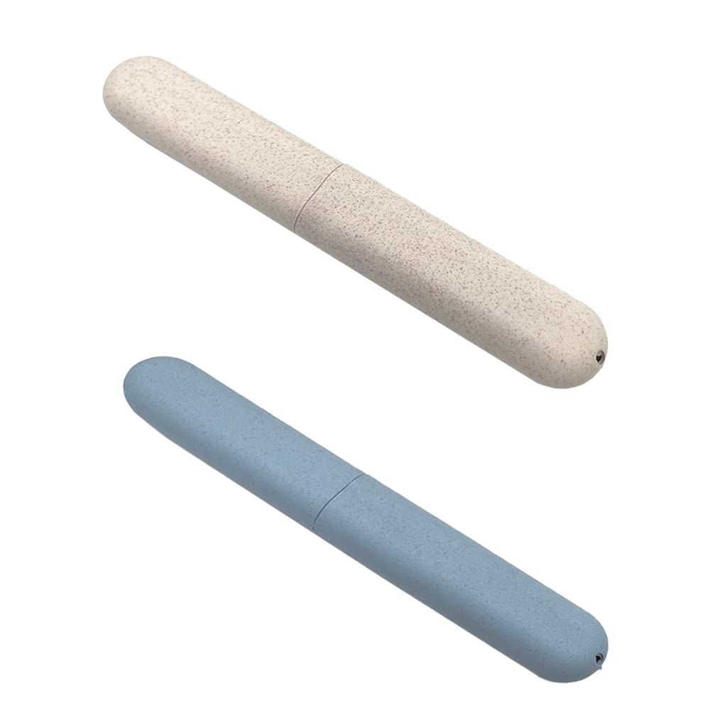 Deux étuis de protection pour brosse à dents en plastique, beige et bleu, posés côte à côte.