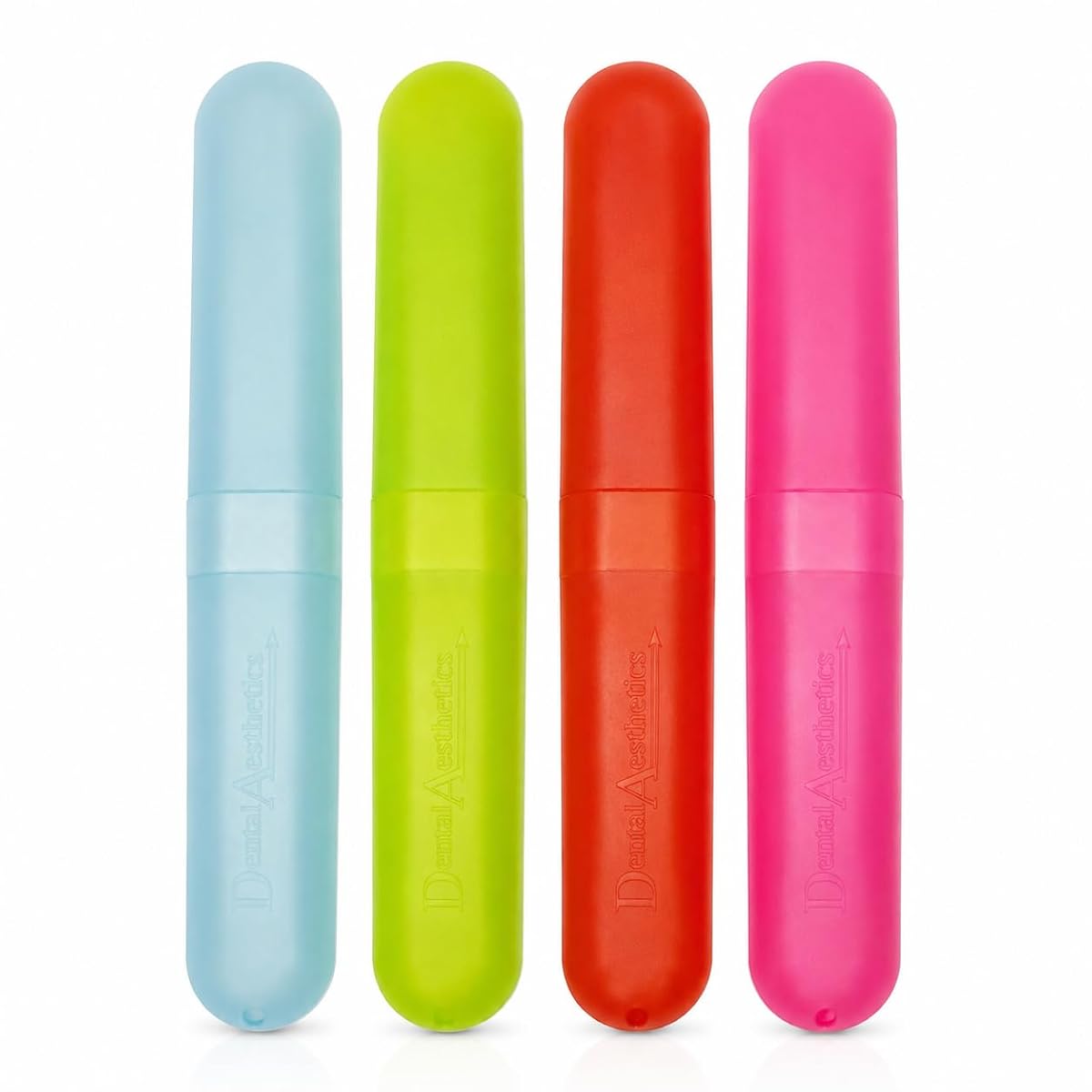 Quatre étuis de voyage en plastique pour brosse à dents, en rose, bleu, orange et vert