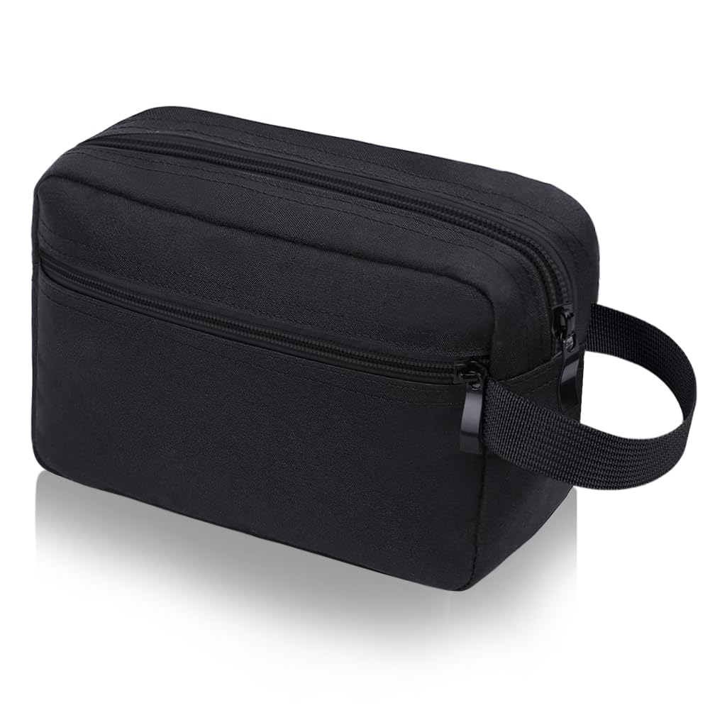 Trousse de toilette noire en tissu Oxford ouverte, avec poches intérieures et poignée latérale
