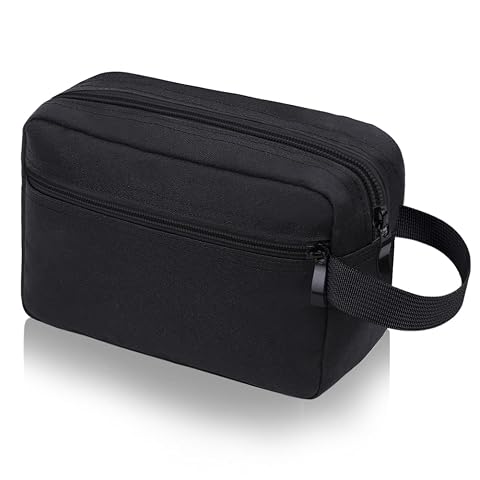 Trousse de toilette noire en tissu Oxford ouverte, avec poches intérieures et poignée latérale