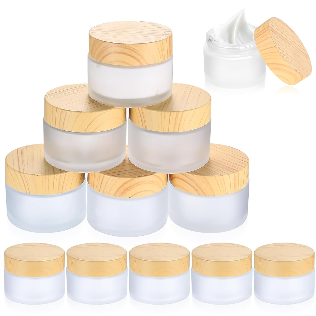 Douze pots cosmétiques transparents en verre avec couvercles, en formats de 30 et 50 ml