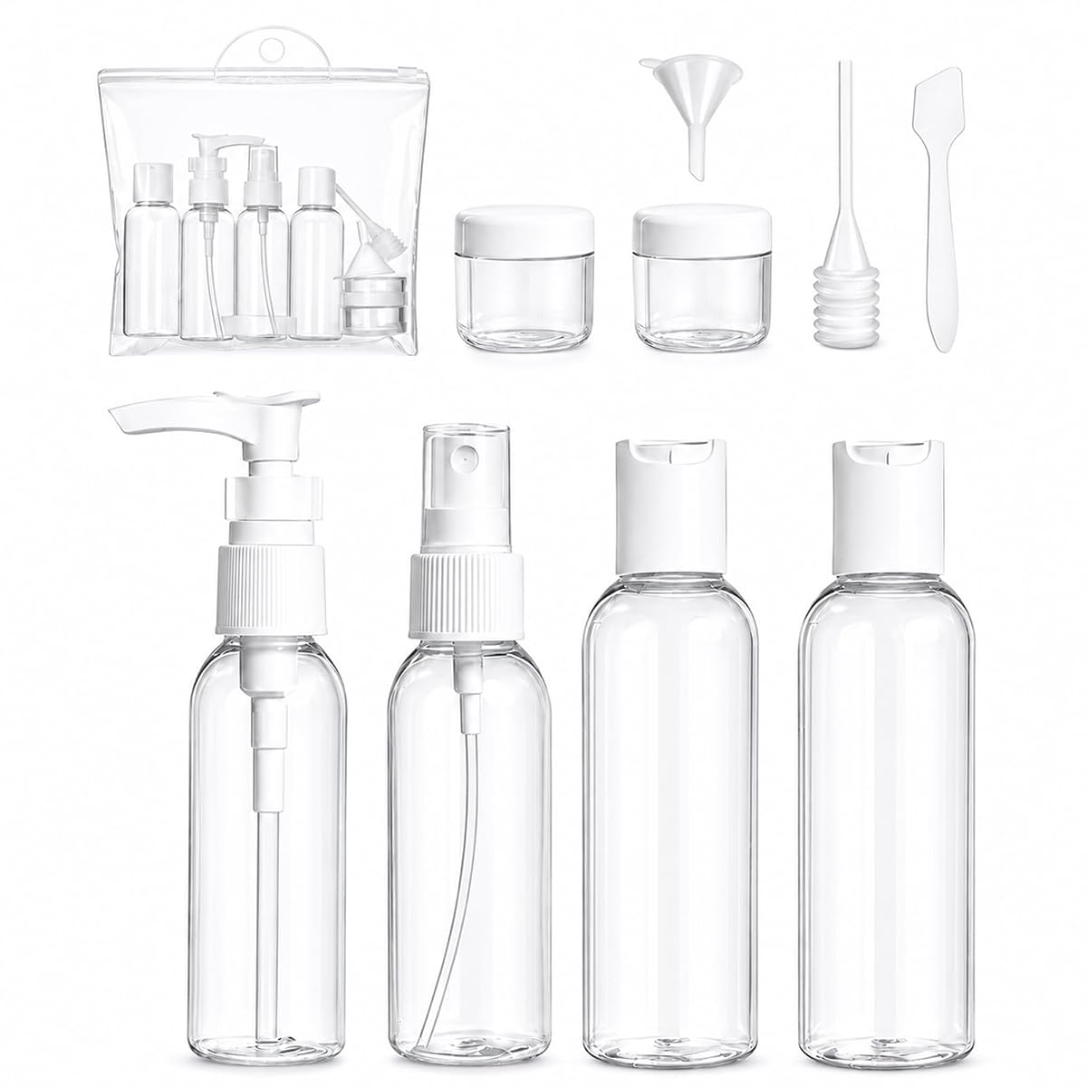 Kit de voyage blanc et transparent avec flacons, pots, accessoires de remplissage et pochette