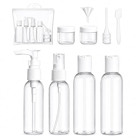 Kit de voyage blanc et transparent avec flacons, pots, accessoires de remplissage et pochette