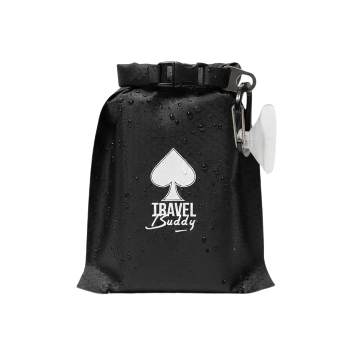 Petite pochette à savon noire avec fermeture clip, mousqueton et ventouse.
