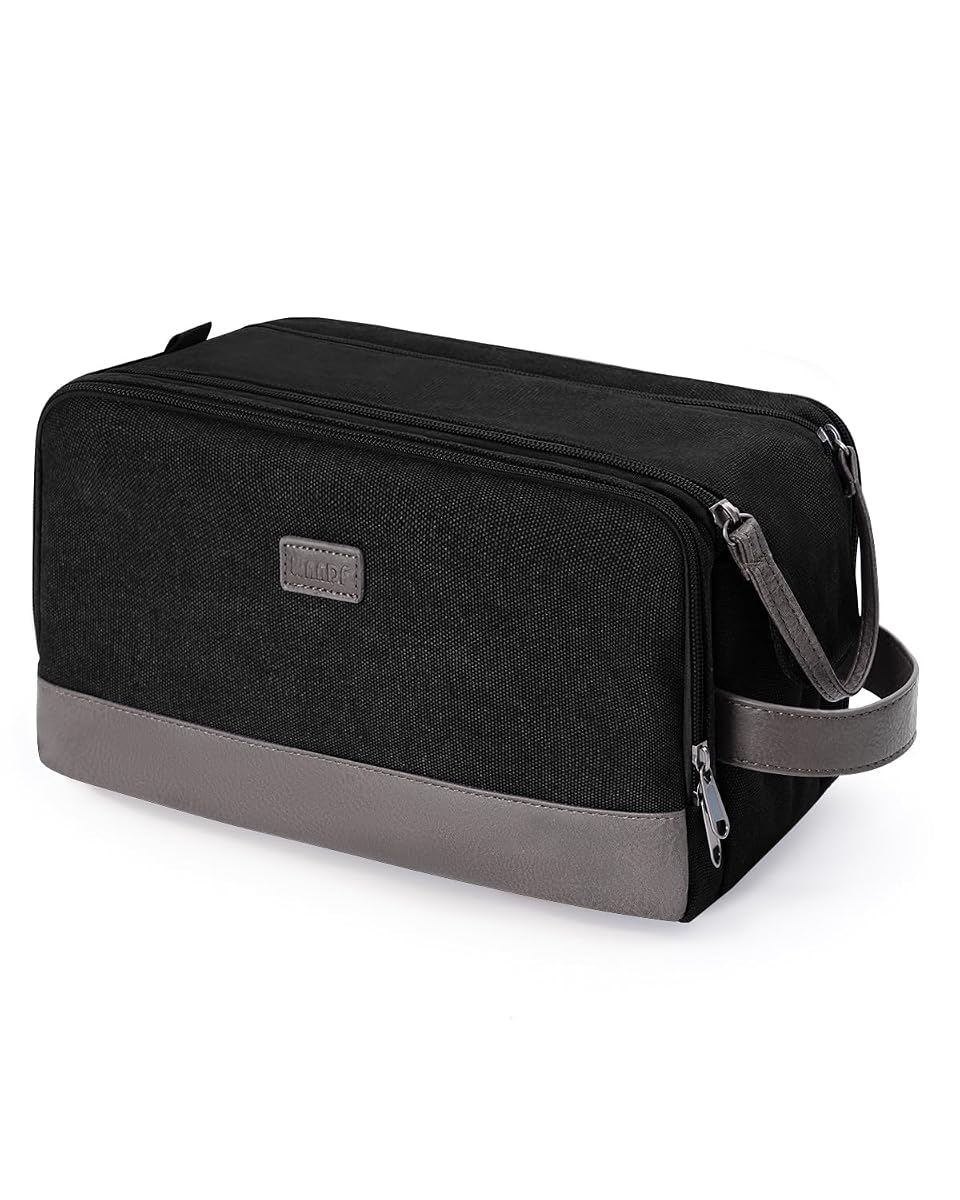 Trousse de toilette de voyage en toile noire avec poignée latérale et compartiments zippés