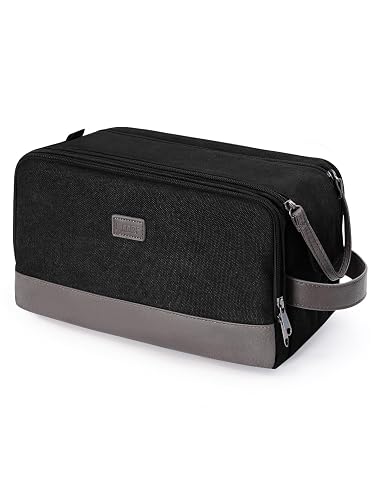 Trousse de toilette de voyage en toile noire avec poignée latérale et compartiments zippés
