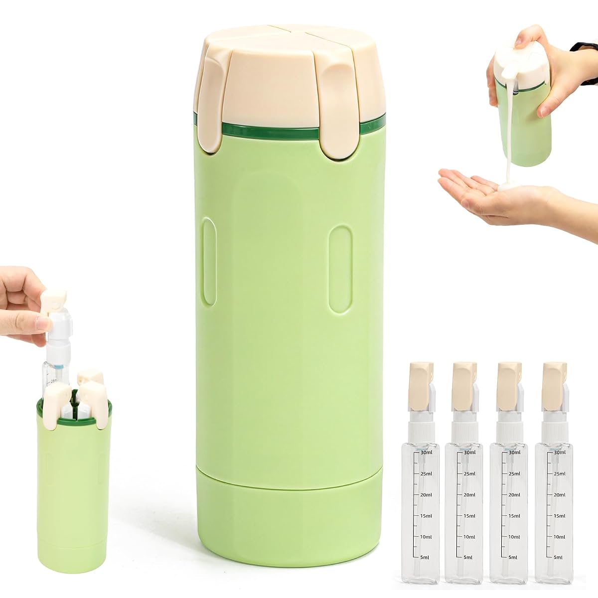 Distributeur de voyage vert 4 en 1 avec quatre compartiments rechargeables et mécanisme poussoir