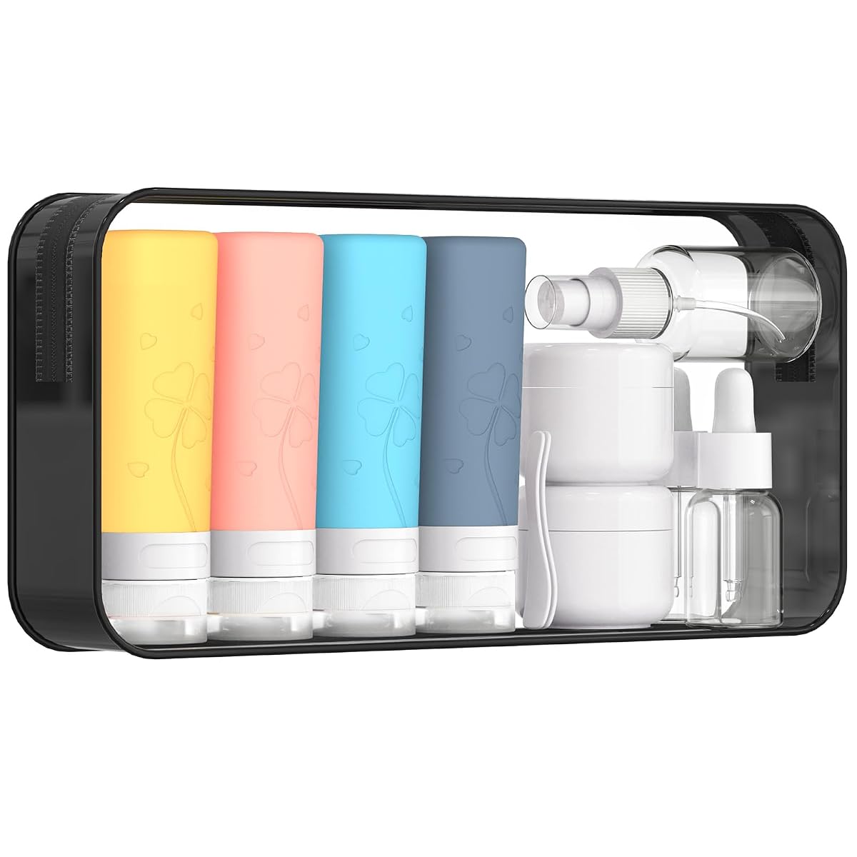 Kit de flacons de voyage en silicone colorés avec pots, compte-gouttes et sac transparent zippé