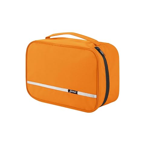 Trousse de toilette suspendue orange à quatre compartiments, accompagnée de deux cintres pliables.