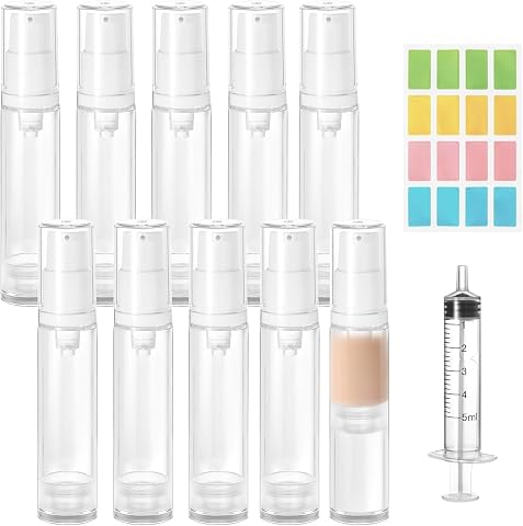 Dix flacons-pompes airless transparents de 10 ml avec une seringue et un autocollant