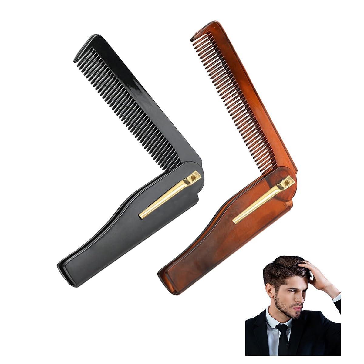 Deux peignes pliants en plastique, noir et marron, dont l’un est ouvert pour montrer ses dents fines.