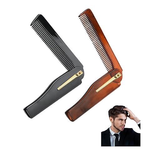 Deux peignes pliants en plastique, noir et marron, dont l’un est ouvert pour montrer ses dents fines.