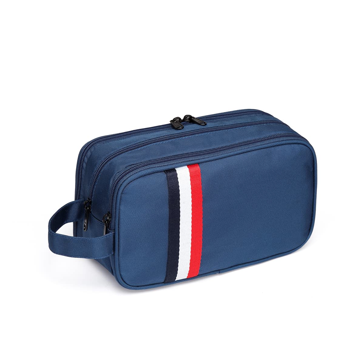 Trousse de toilette Vaschy bleue à rayures, ouverte sur ses compartiments dans un décor de voyage sobre.