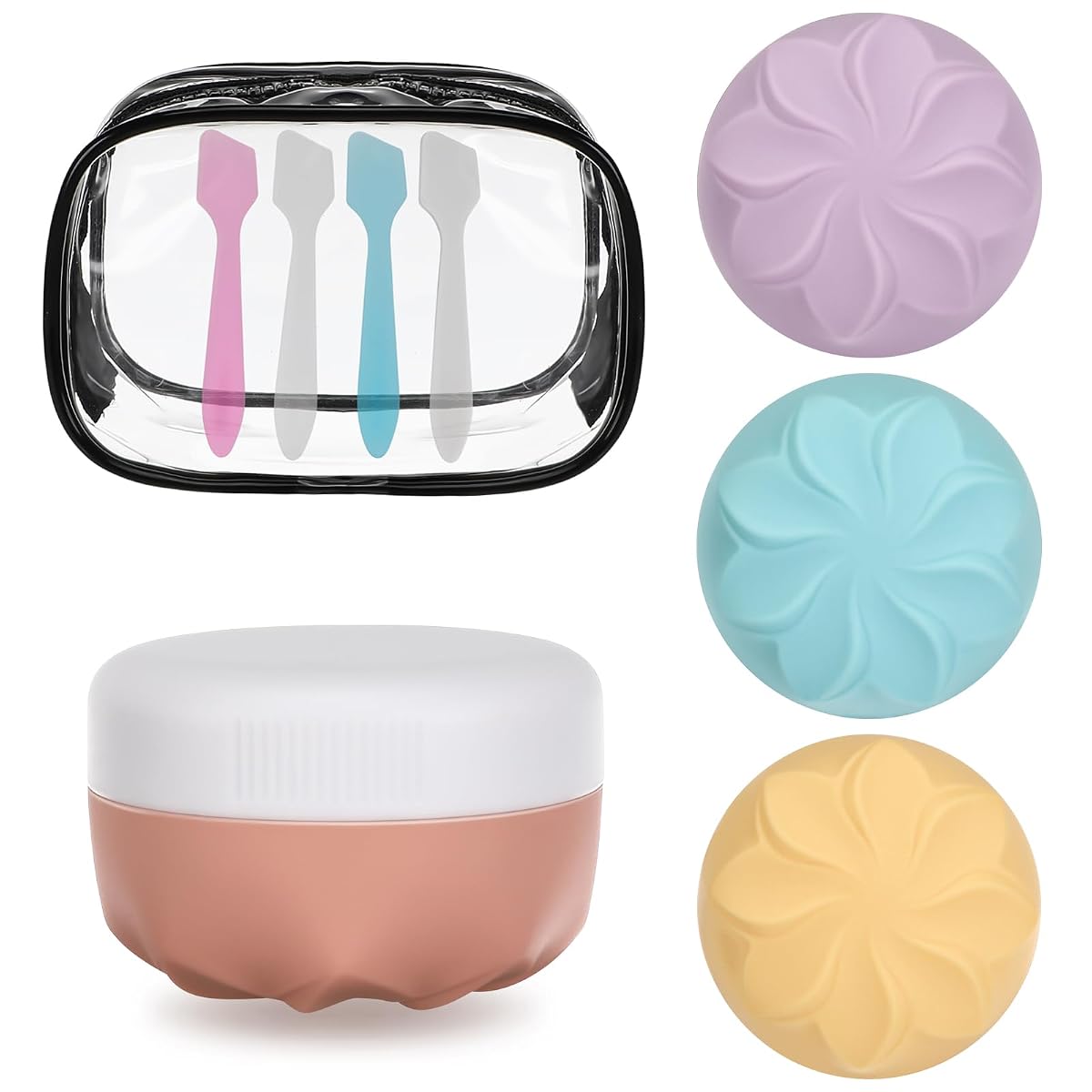 Quatre pots de voyage en silicone colorés avec spatules, étiquette et sac transparent