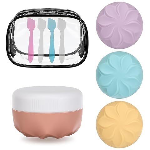 Quatre pots de voyage en silicone colorés avec spatules, étiquette et sac transparent