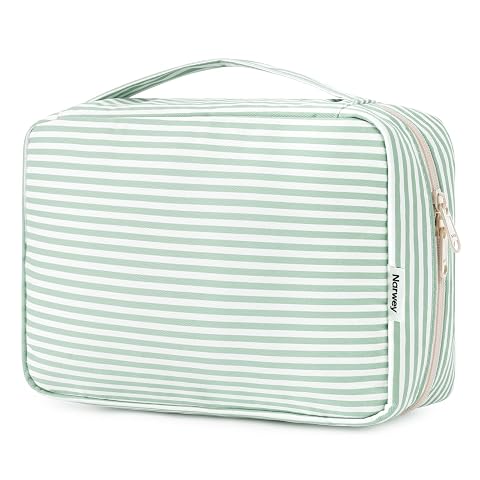 Trousse de toilette suspendue en polyester à rayures vert menthe, ouverte sur ses compartiments.
