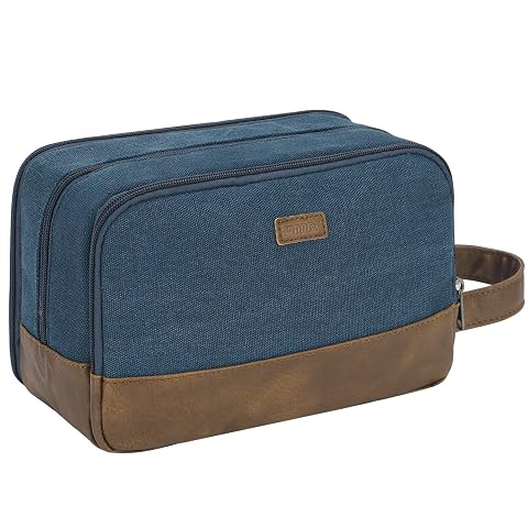 Trousse de toilette suspendue en toile bleue ouverte, avec poches en filet et poignée latérale.