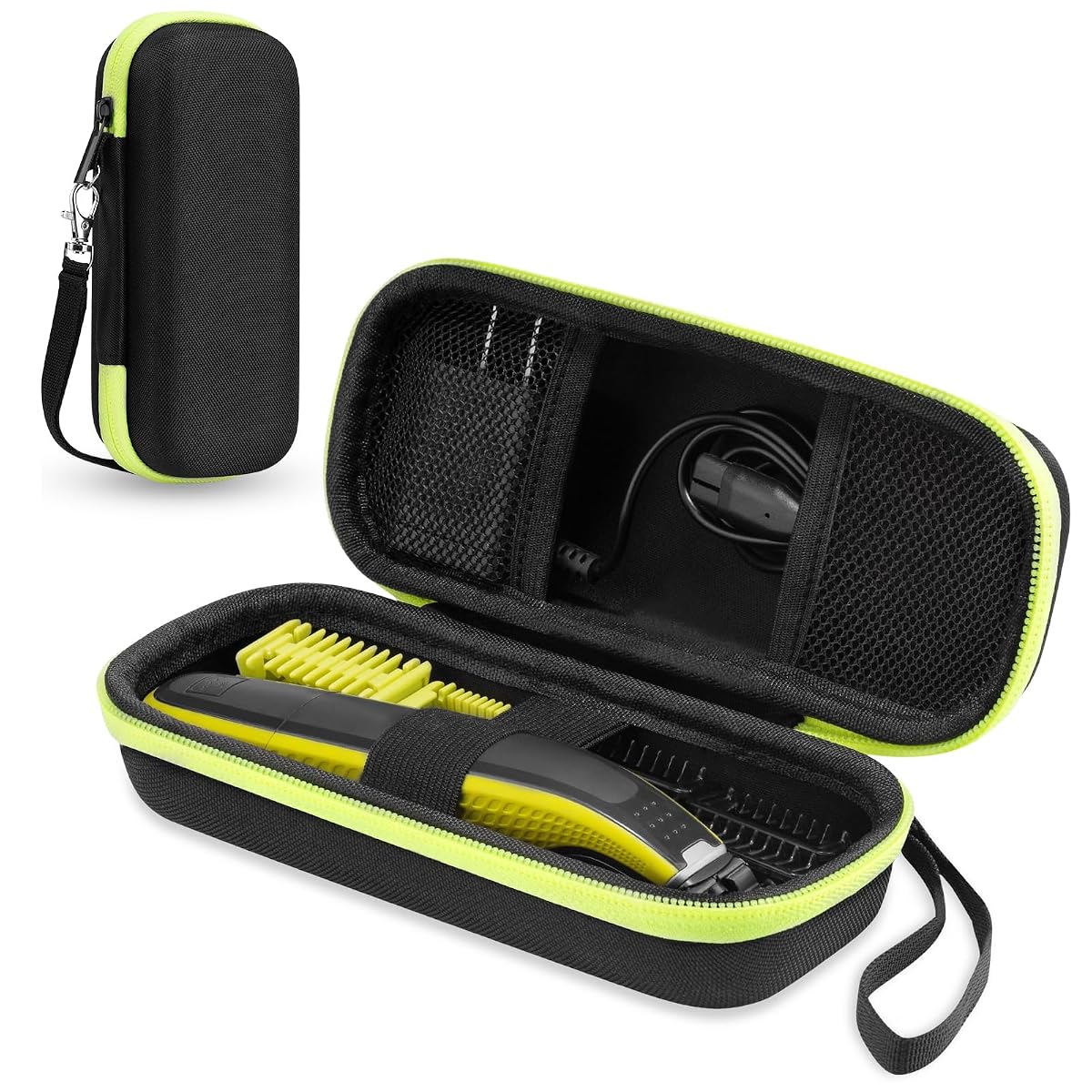 Étui rigide vert en EVA avec fermeture zippée et poches en filet pour rasoir OneBlade