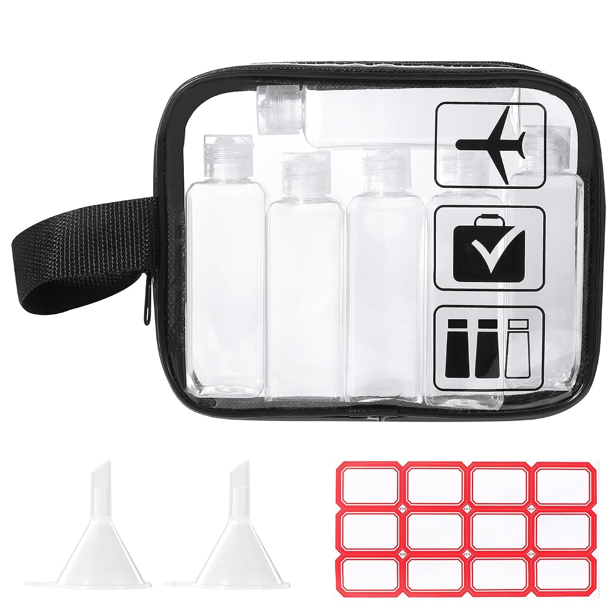 Kit Diboniur avec six flacons de voyage, une trousse transparente, deux entonnoirs et douze étiquettes