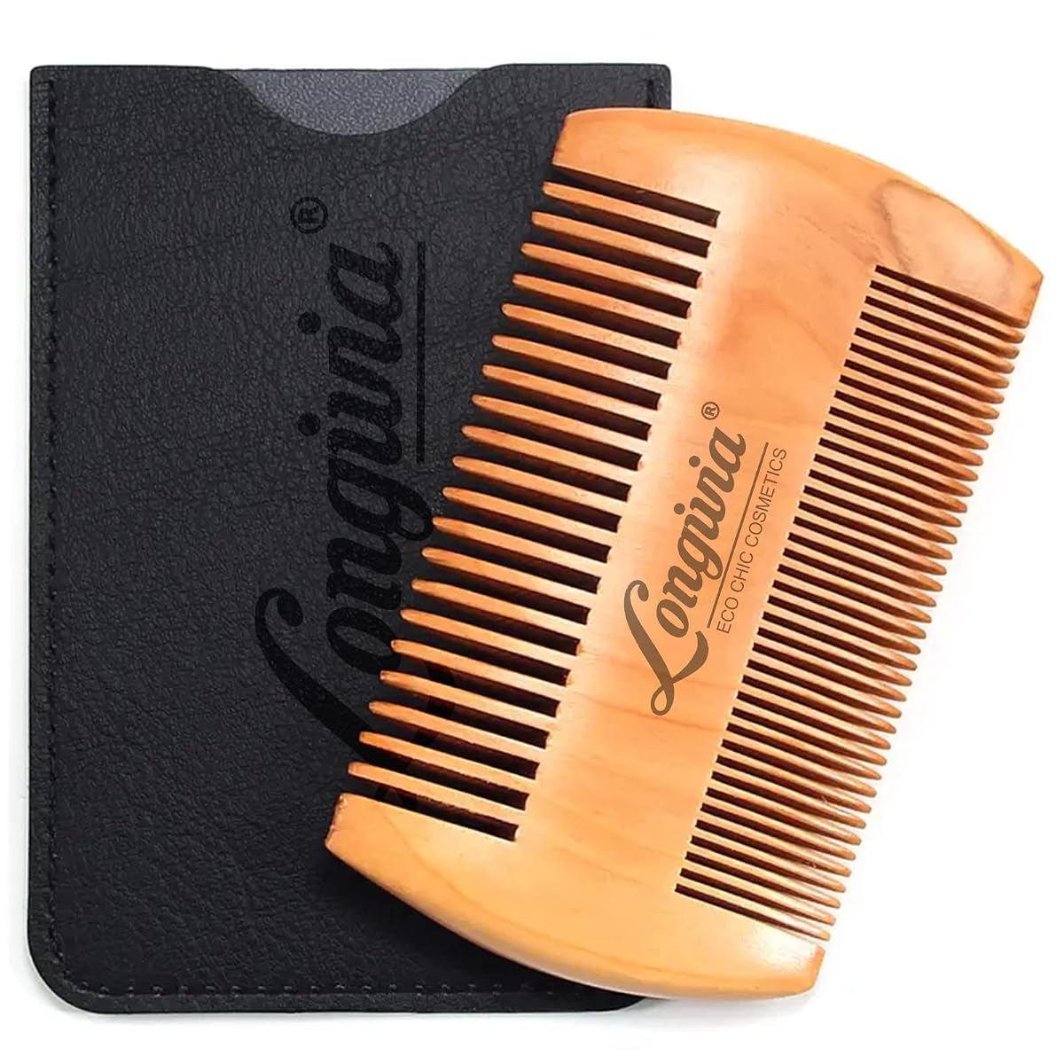Peigne à barbe compact en bois de poirier avec deux espacements de dents et étui en similicuir