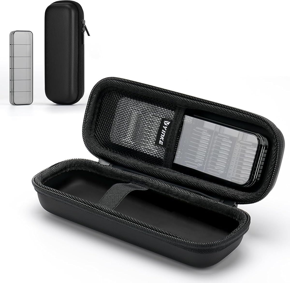 Étui rigide noir ouvert avec poche filet et boîte transparente pour peignes de guidage