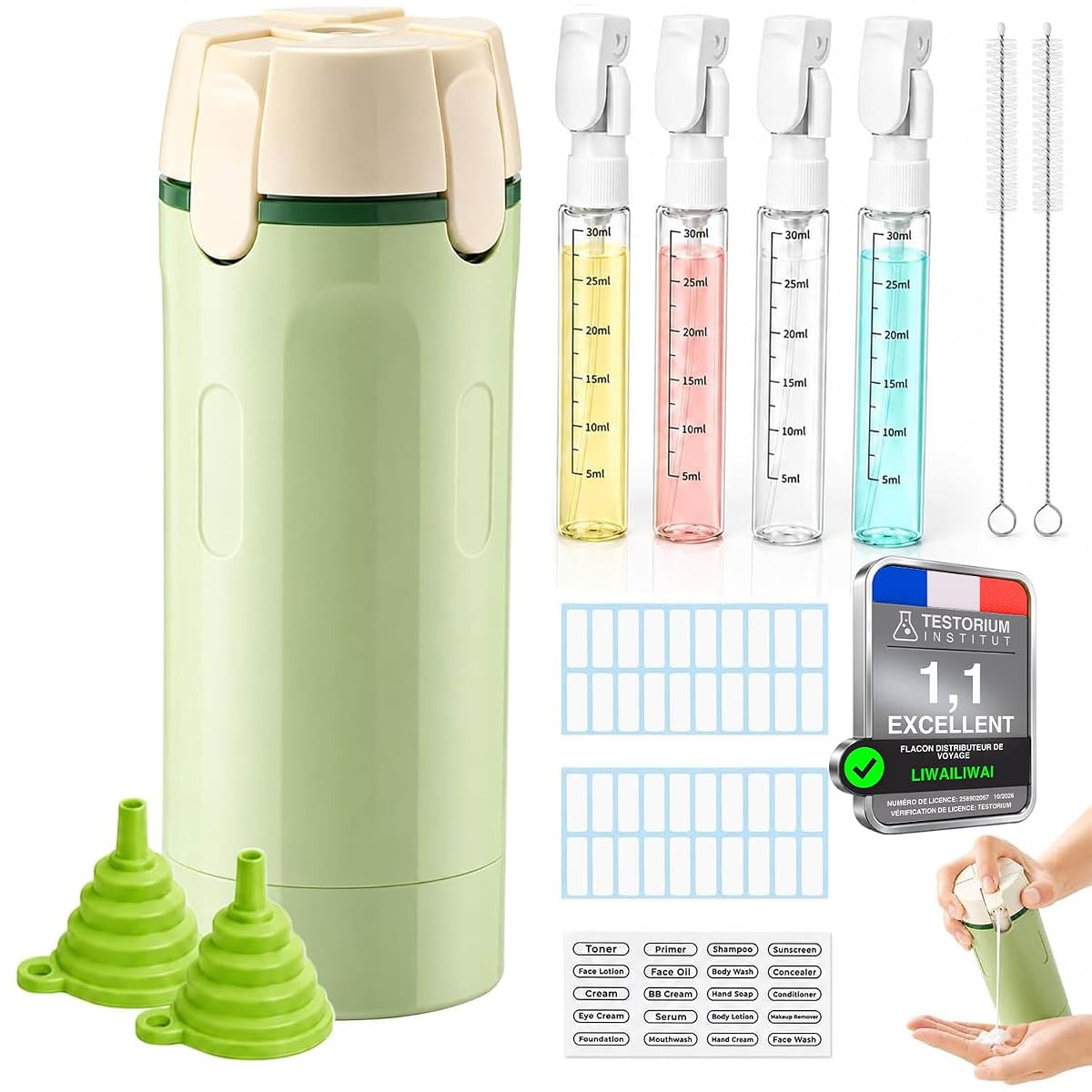 Distributeur de voyage vert avec quatre flacons à pompe et accessoires de remplissage et de nettoyage