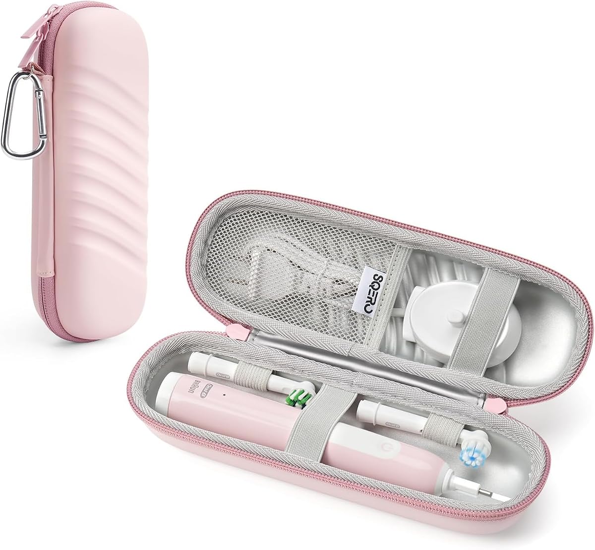 Étui de voyage Sqero rose à rayures obliques, ouvert avec une brosse électrique et ses accessoires