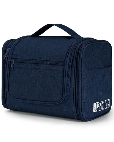 Trousse de toilette suspendue en polyester bleu denim, ouverte avec ses poches et son crochet métallique.