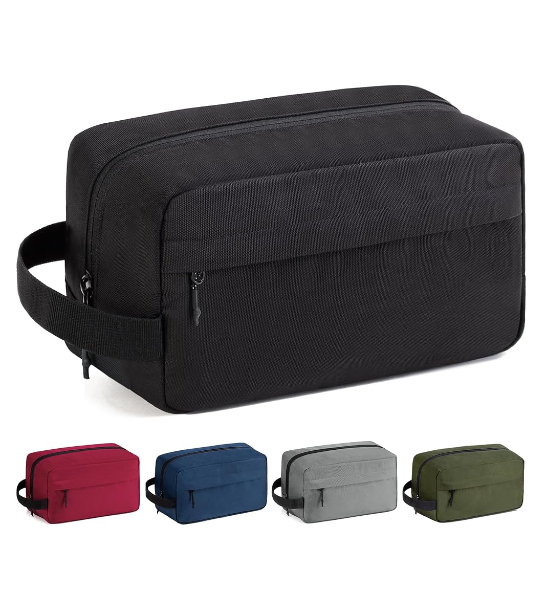 Trousse de toilette noire en polyester ouverte, avec poches en maille et poignée, dans un décor de voyage.
