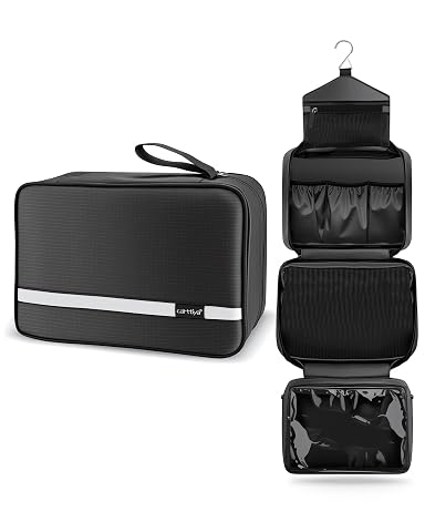 Trousse de toilette noire Carttiya suspendue, ouverte sur ses quatre couches de rangement