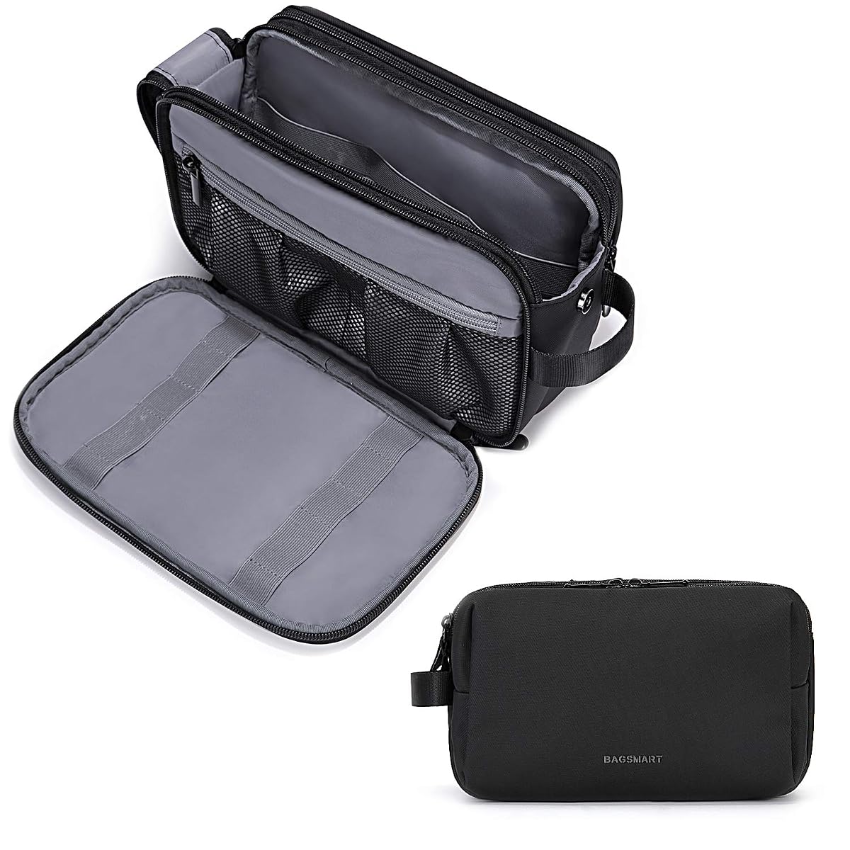 Trousse de toilette Bagsmart noire ouverte, avec poches intérieures et flacons maintenus par des élastiques