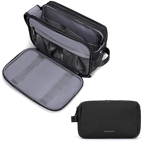 Trousse de toilette Bagsmart noire ouverte, avec poches intérieures et flacons maintenus par des élastiques