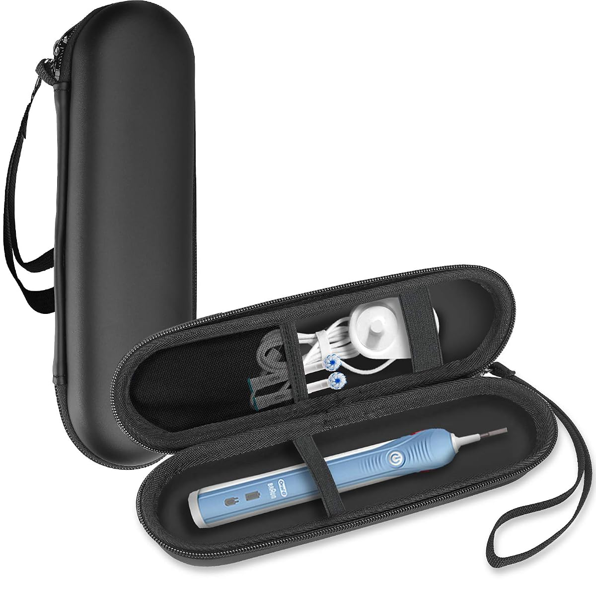Étui rigide de voyage ouvert avec sangle élastique et poche filet pour brosse électrique