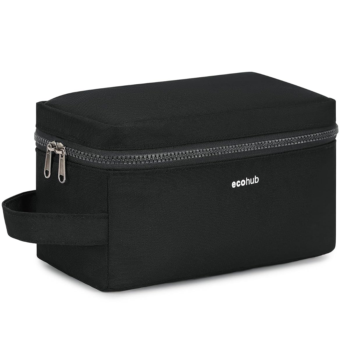 Trousse de toilette noire ouverte, avec poches en filet et compartiment humide visible.