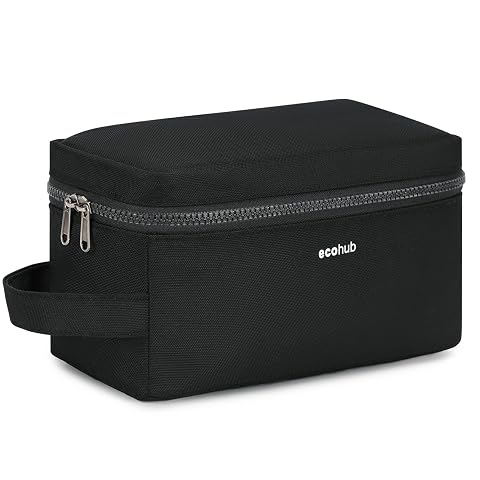 Trousse de toilette noire ouverte, avec poches en filet et compartiment humide visible.