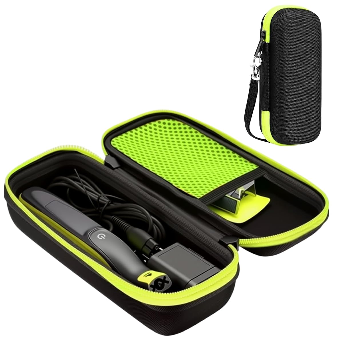 Étui rigide noir en EVA pour rasoir Philips OneBlade, ouvert et vide sur une table de voyage.