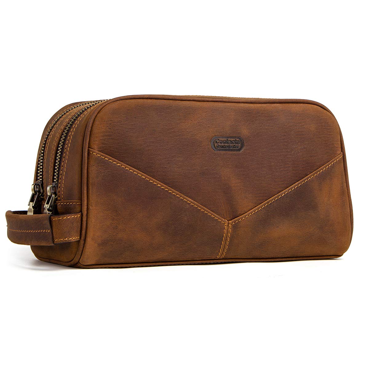 Trousse de toilette Contacts en cuir marron avec poignée, deux compartiments zippés et poche arrière.
