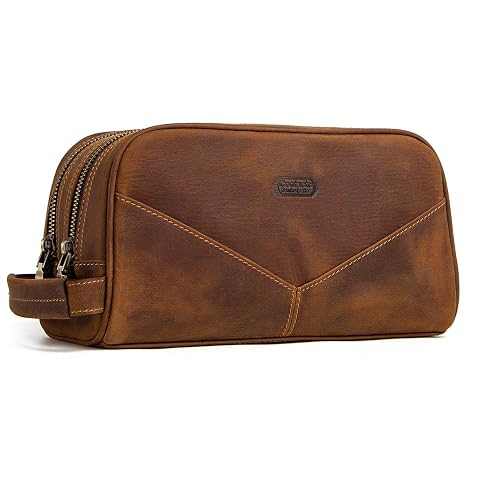 Trousse de toilette Contacts en cuir marron avec poignée, deux compartiments zippés et poche arrière.