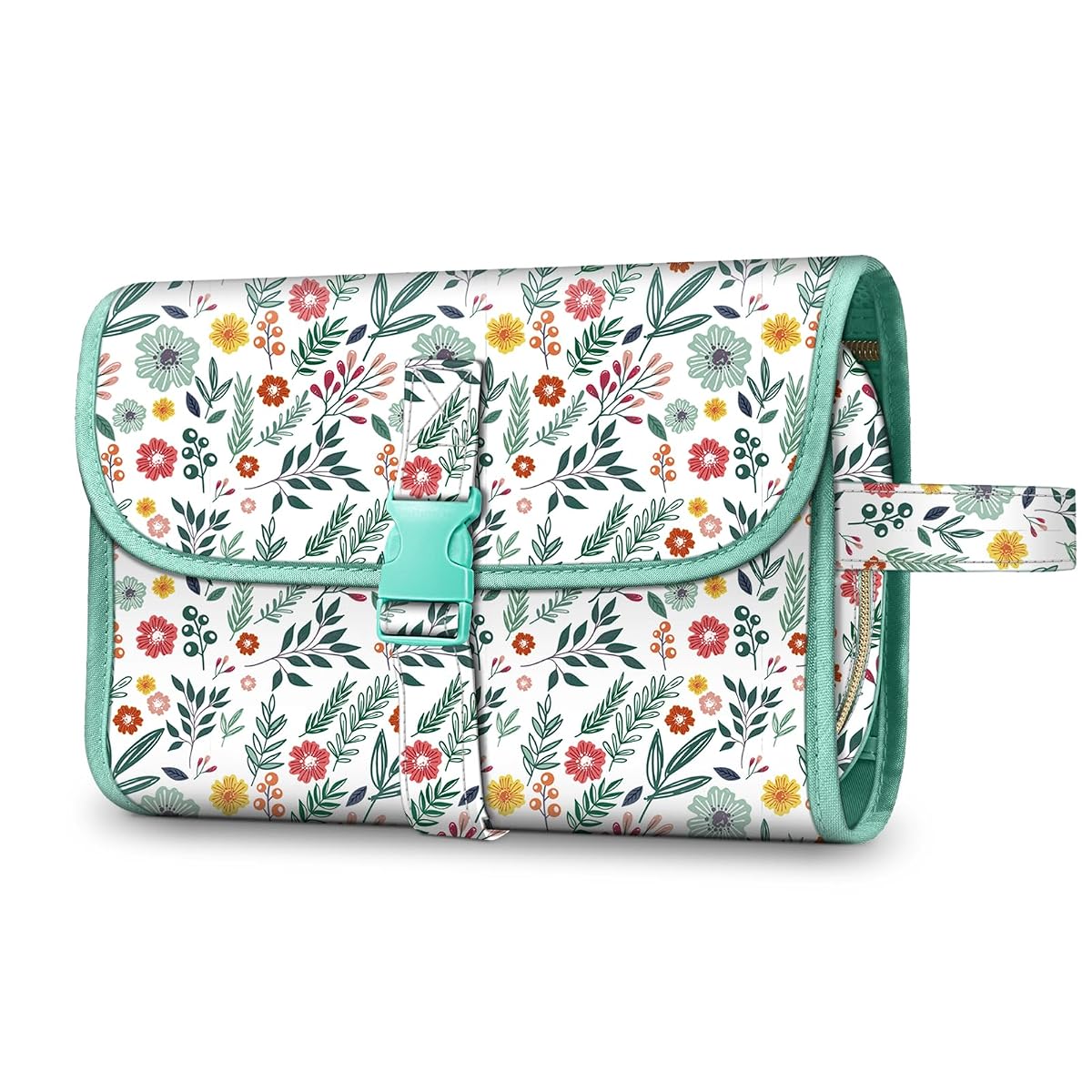 Trousse de toilette Fintie à motif floral dépliée et suspendue, avec ses compartiments visibles.
