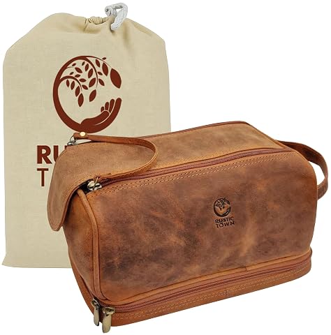 Trousse de toilette marron en cuir pleine fleur avec deux compartiments zippés