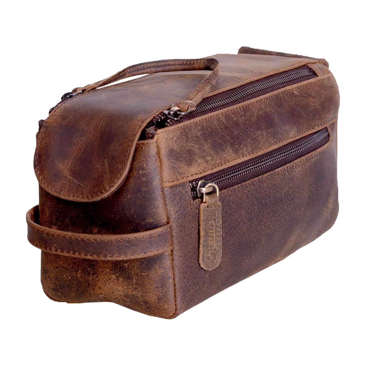 Trousse de toilette Dopp KomalC en cuir de buffle brun vieilli avec poche extérieure zippée