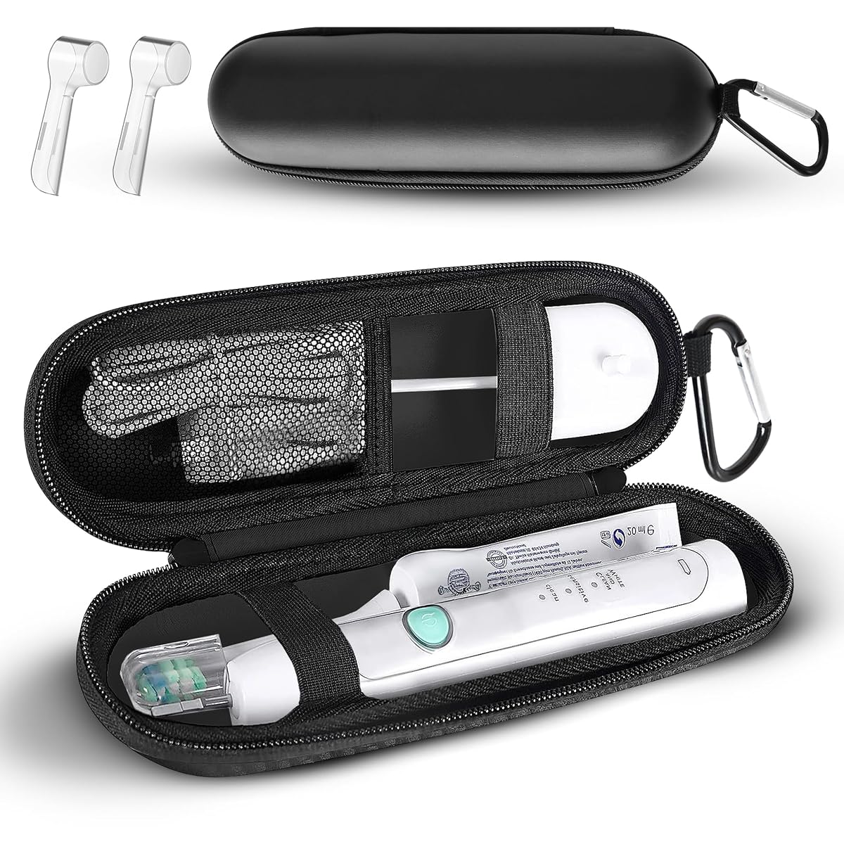 Étui de voyage noir en polyester avec compartiments séparés et deux capuchons pour brosse électrique.