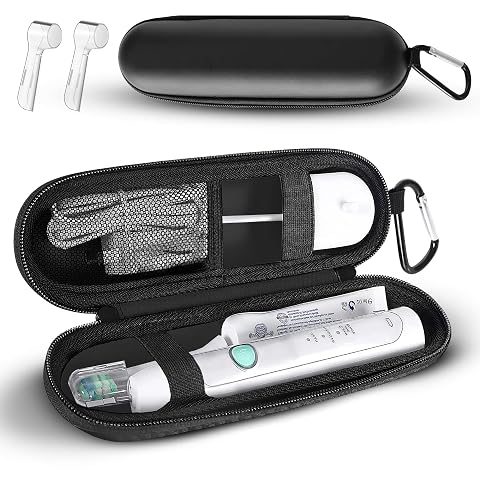 Étui de voyage noir en polyester avec compartiments séparés et deux capuchons pour brosse électrique.