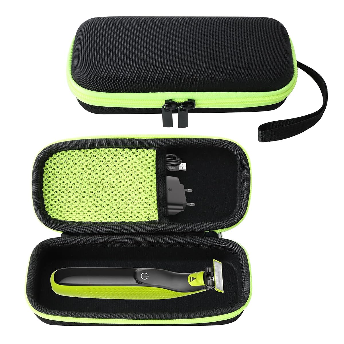 Étui rigide vert Hemlosk pour rasoir Philips OneBlade, posé dans un décor de voyage sobre.
