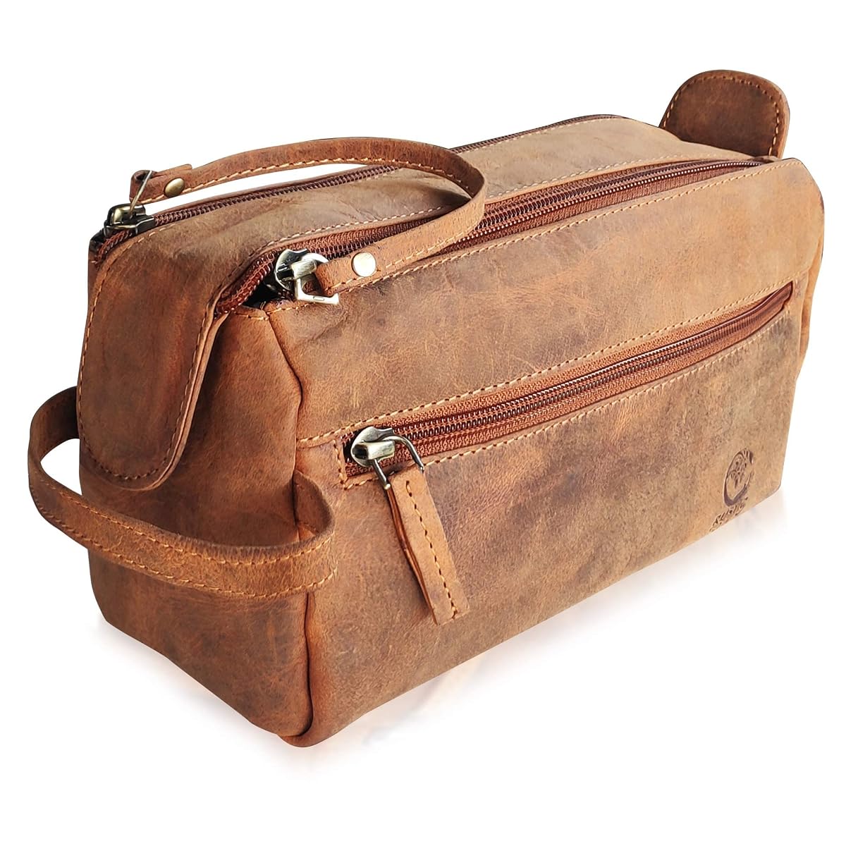 Trousse de toilette marron en cuir de buffle avec poignée latérale et poche zippée