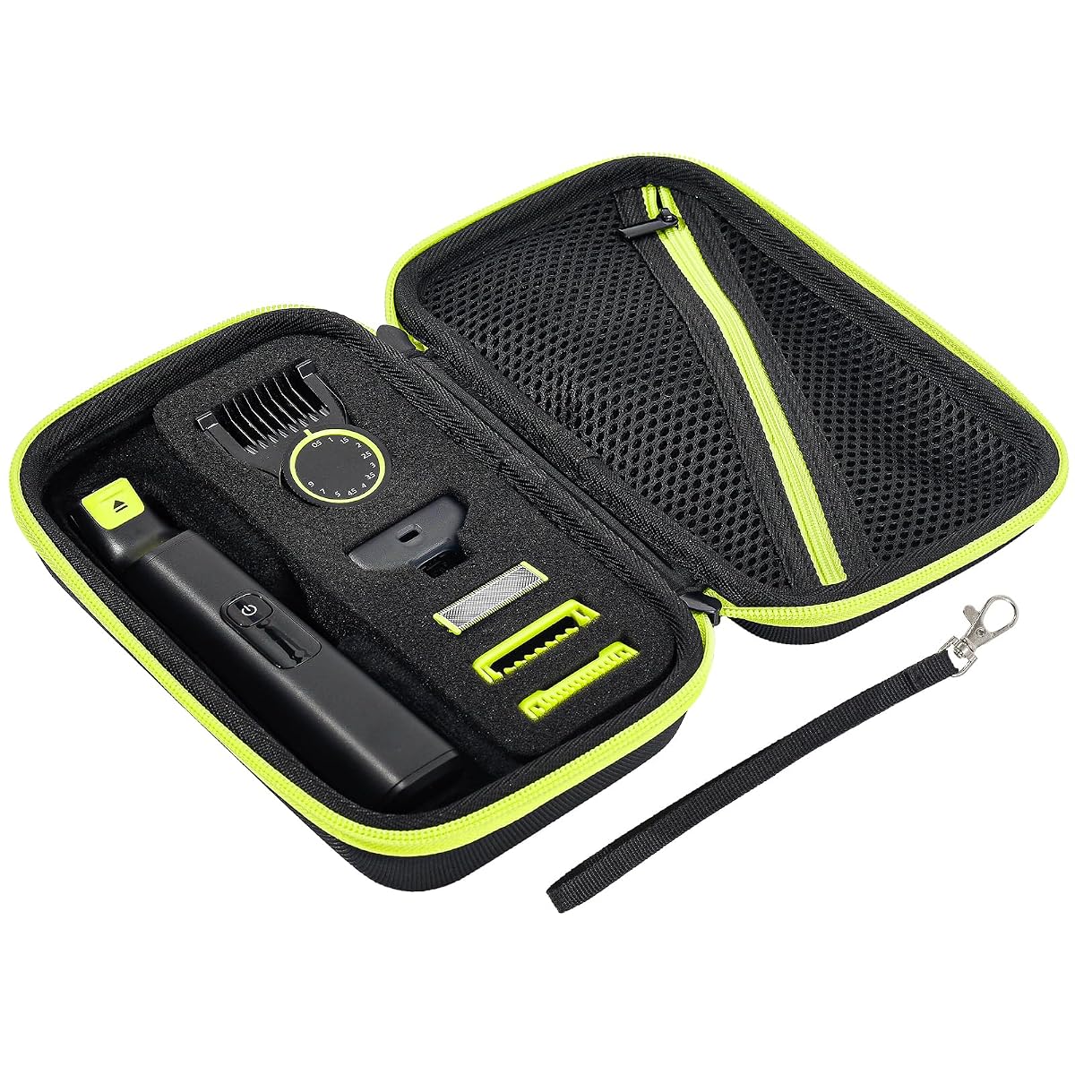 Étui rigide noir pour Philips OneBlade, ouvert sur son insert en éponge et sa poche filet.