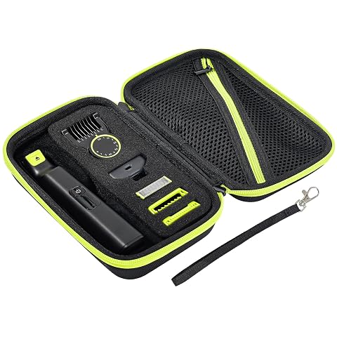 Étui rigide noir pour Philips OneBlade, ouvert sur son insert en éponge et sa poche filet.