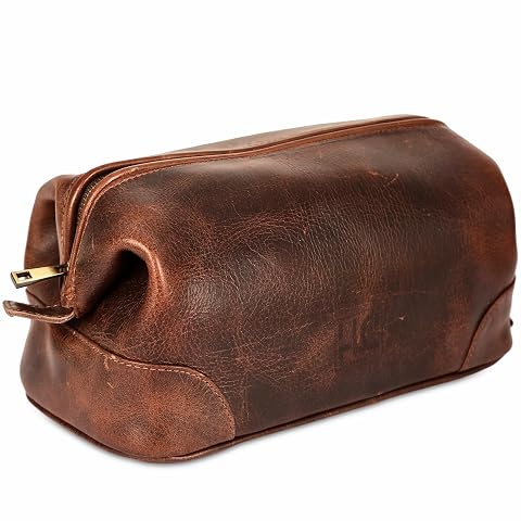 Trousse de toilette marron HLC en cuir véritable avec poignée et fermeture éclair métallique
