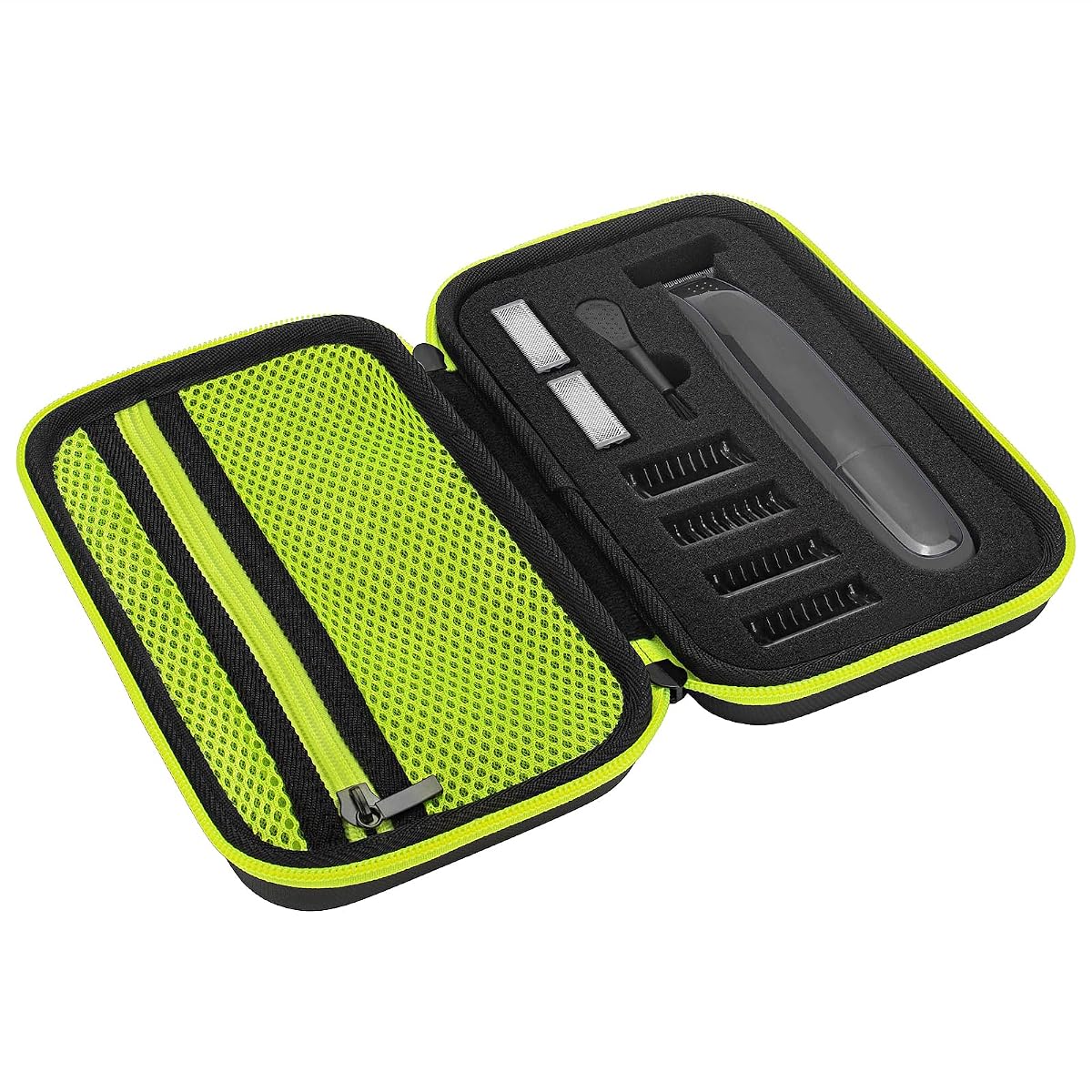 Étui rigide vert en EVA avec pochette en éponge, petite brosse et dragonne