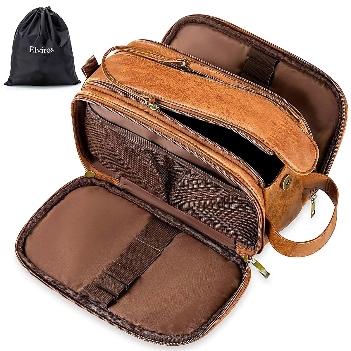 Trousse de toilette Elviros marron à double fermeture, accompagnée de sa pochette à chaussures